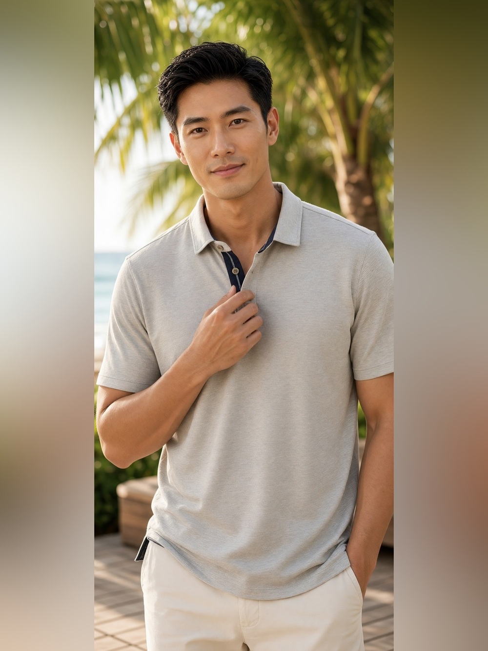 Tommy Bahama Men’s XL Polo Shirt Light Gray Contrast Placket Modal Blend